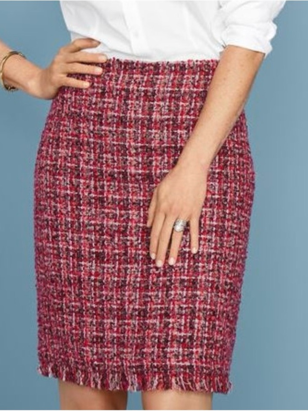 Talbots Skirt Women’s 12P Petites Red Pink Bouclé Tweed Fringed Lined NWT